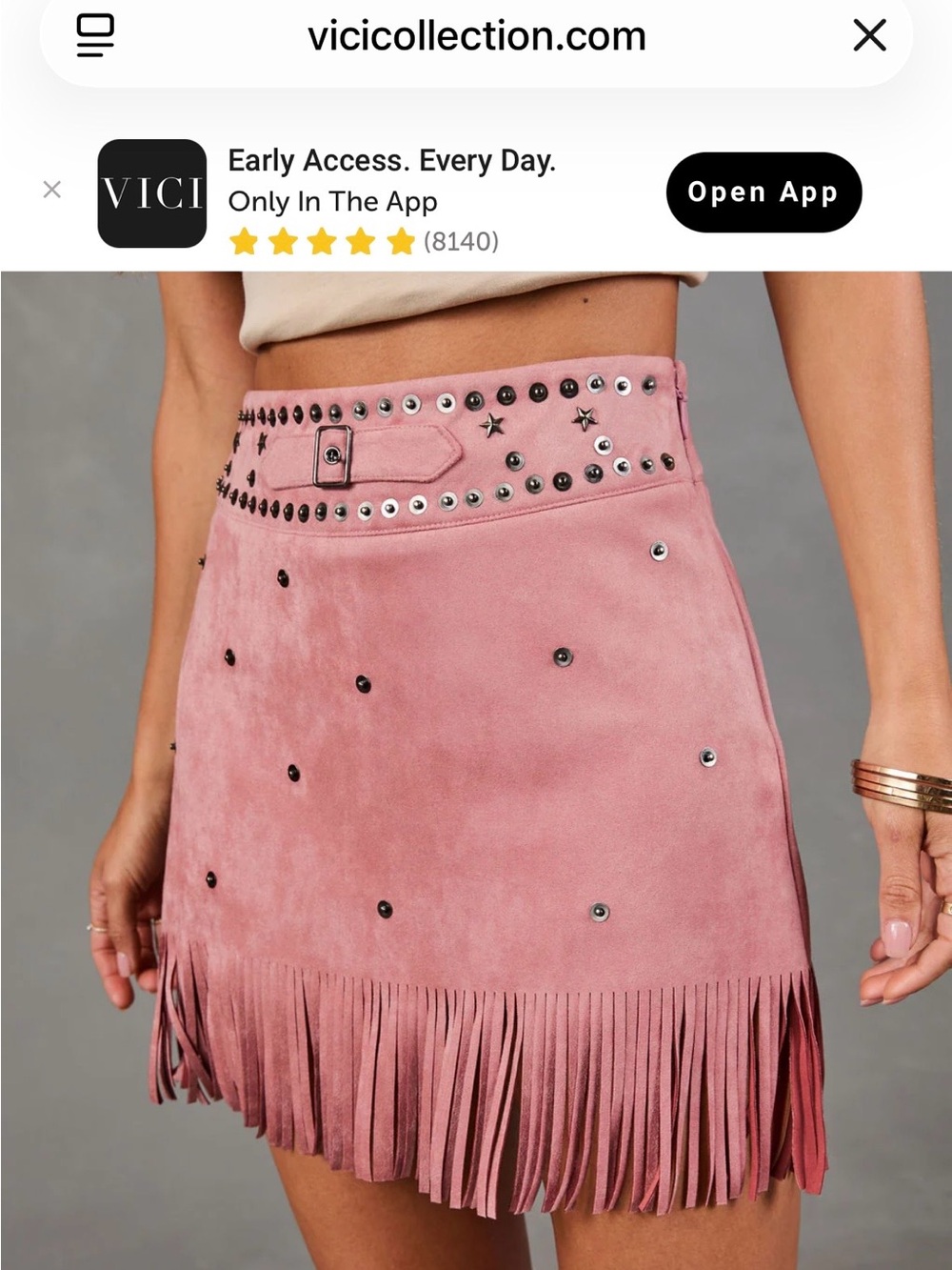 VICI Dusty Pink Suede Fringe Mini Skirt with Stud Accents